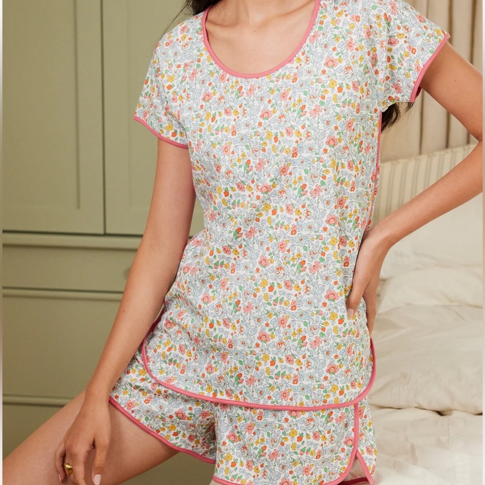 Lake Pajamas Short Set Green and White Size S 100% Cotton Top and Bottoms